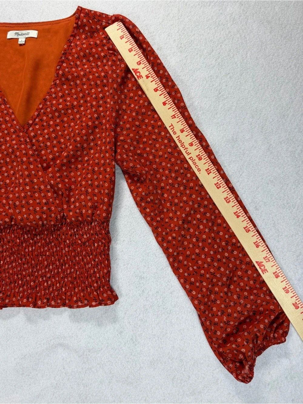 Madewell Red Floral Faux Wrap Wide Elastic Waist Blouse Size Small Puff Sleeve S